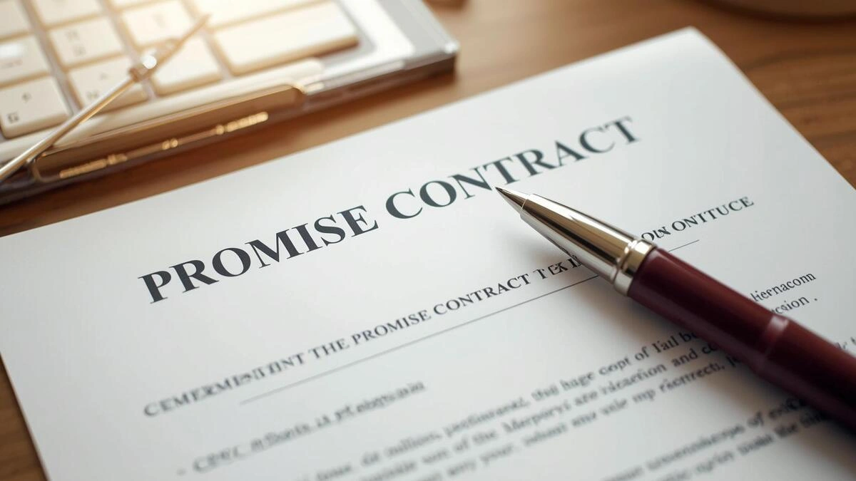 Document juridique représentant le contrat de promesse (CPCV) avec une plume et des clés de maison.