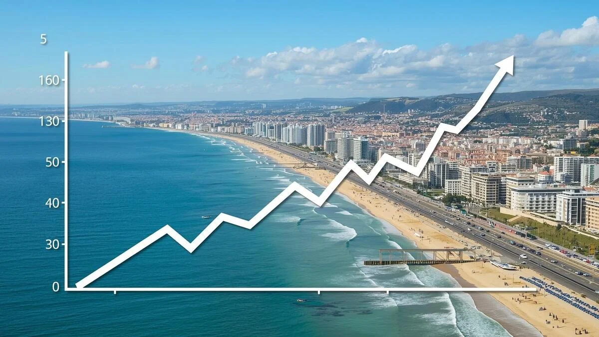 Graphique de rendement locatif superposé à une vue de la plage d'Albufeira, symbolisant l'investissement immobilier.