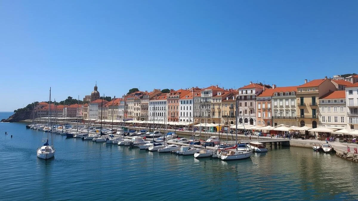 Illustration d'une baie ensoleillée avec des voiliers et des bâtiments élégants et colorés sur le front de mer, évoquant le style de la Riviera de Cascais.